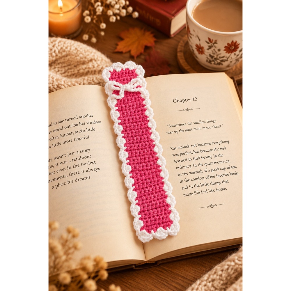 Handmade Crochet Pink Bookmark with White Scalloped Trim and Bow Accessory